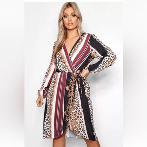 BOOHOO Faux Wrap Chain Mixed Print Dress Midi Lightweight V Neck Belt Plus Sz 20